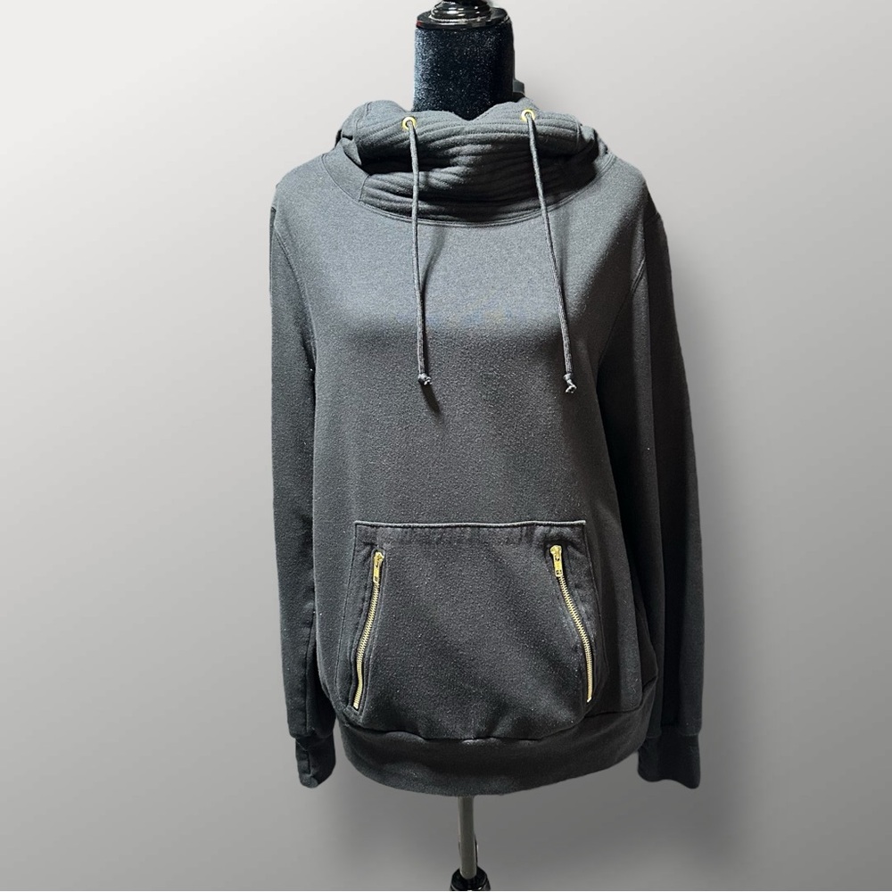 Lily & Lottie Black Hoodie Gold Zipper Pocket Women’s Size L Cozy Pullover